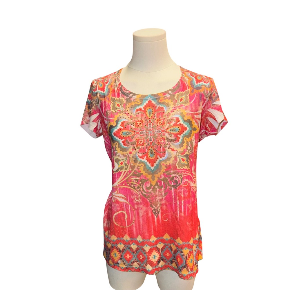 One World Short Sleeve Top Womens Medium Pink Paisley Rhinestone Good Boho